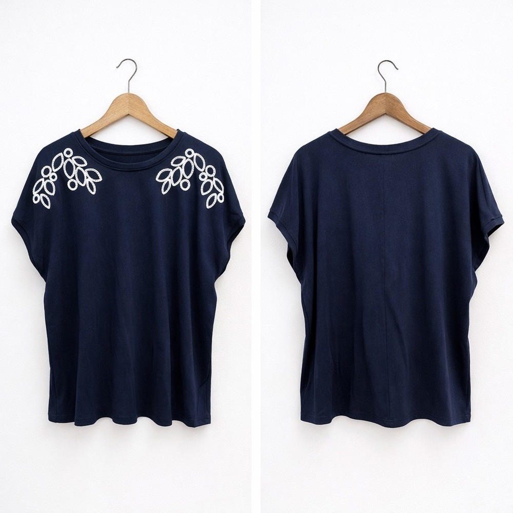 Fred David Navy‎ Blue Embroidered Shoulder Short Sleeve Knit Top 2X CS14508RW